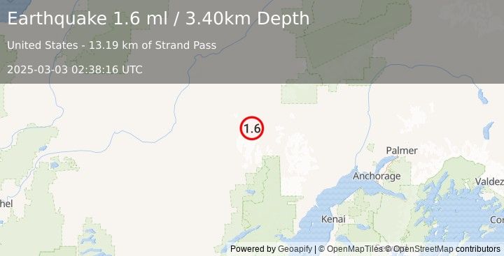 Earthquake 107 km NE of Lime Village, Alaska (1.6 ml) (2025-03-03 02:38:16 UTC)