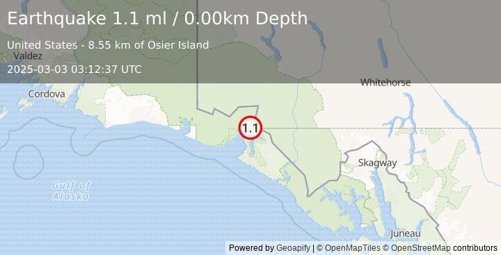 Earthquake 56 km NNE of Yakutat, Alaska (1.1 ml) (2025-03-03 03:12:37 UTC)