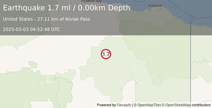 Earthquake 108 km NW of Arctic Village, Alaska (1.7 ml) (2025-03-03 04:52:48 UTC)