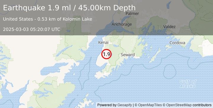 Earthquake 23 km ESE of Clam Gulch, Alaska (1.9 ml) (2025-03-03 05:20:07 UTC)