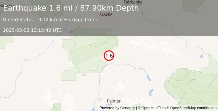 Earthquake 38 km SW of Cantwell, Alaska (1.6 ml) (2025-03-03 13:15:42 UTC)