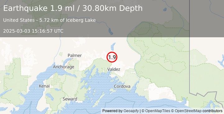 Earthquake 46 km N of Valdez, Alaska (1.9 ml) (2025-03-03 15:16:57 UTC)