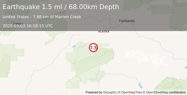 Earthquake 67 km ENE of Denali National Park, Alaska (1.5 ml) (2025-03-03 16:18:15 UTC)