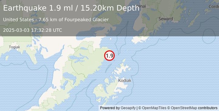 Earthquake 83 km NNW of Aleneva, Alaska (1.9 ml) (2025-03-03 17:32:28 UTC)