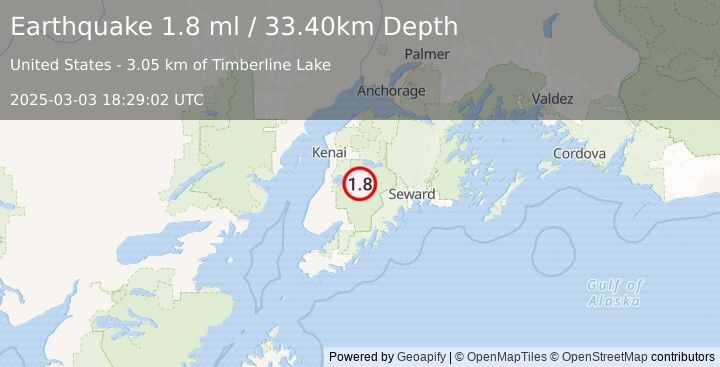 Earthquake 33 km SSE of Funny River, Alaska (1.8 ml) (2025-03-03 18:29:02 UTC)