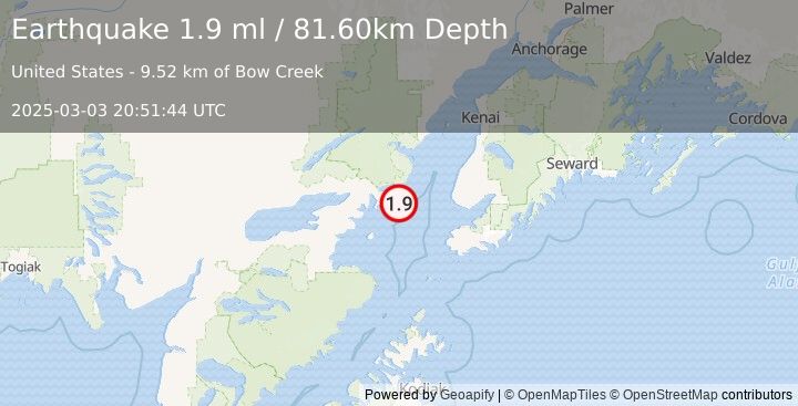 Earthquake 59 km W of Anchor Point, Alaska (1.9 ml) (2025-03-03 20:51:44 UTC)