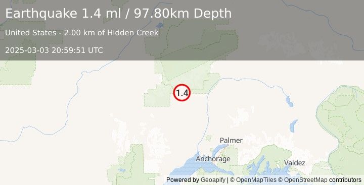 Earthquake 26 km WNW of Petersville, Alaska (1.4 ml) (2025-03-03 20:59:51 UTC)