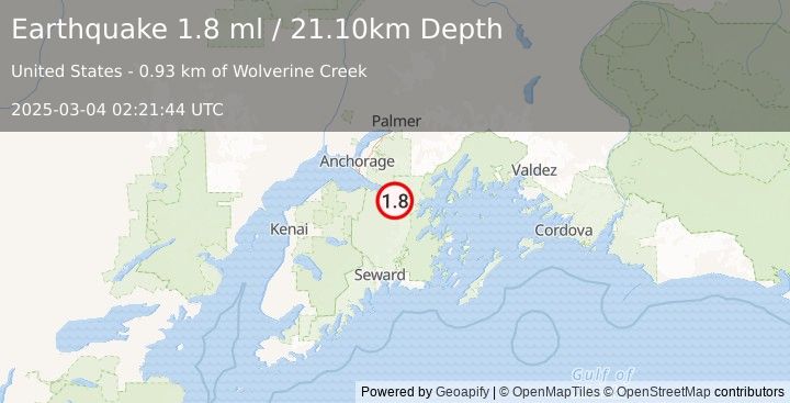 Earthquake 13 km S of Girdwood, Alaska (1.8 ml) (2025-03-04 02:21:44 UTC)