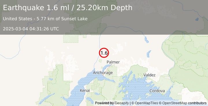 Earthquake 23 km NNE of Willow, Alaska (1.6 ml) (2025-03-04 04:31:26 UTC)