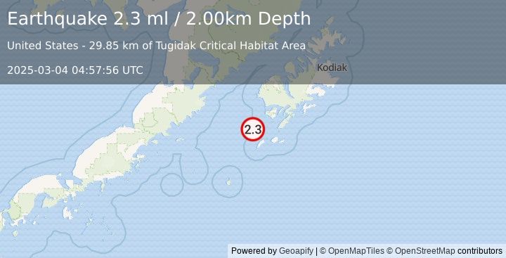 Earthquake 48 km WSW of Akhiok, Alaska (2.3 ml) (2025-03-04 04:57:56 UTC)