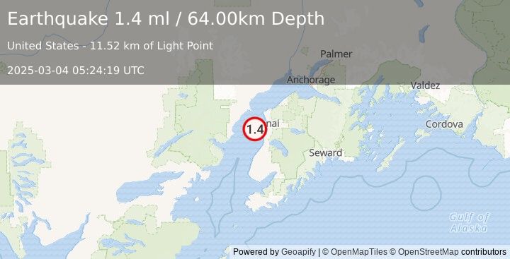 Earthquake 19 km WNW of Kalifornsky, Alaska (1.4 ml) (2025-03-04 05:24:19 UTC)