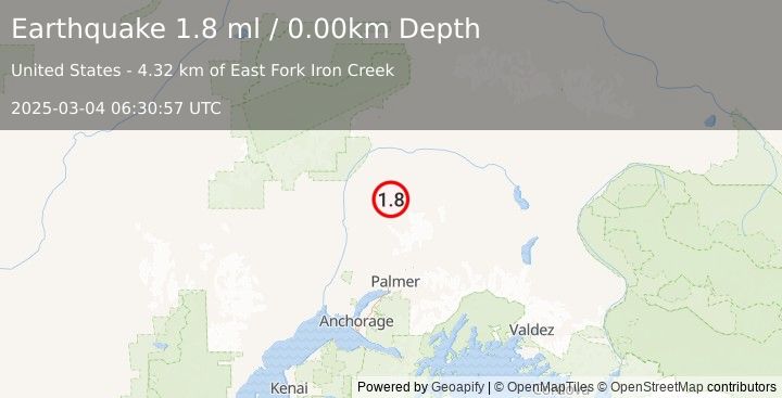 Earthquake 41 km NE of Susitna North, Alaska (1.8 ml) (2025-03-04 06:30:57 UTC)