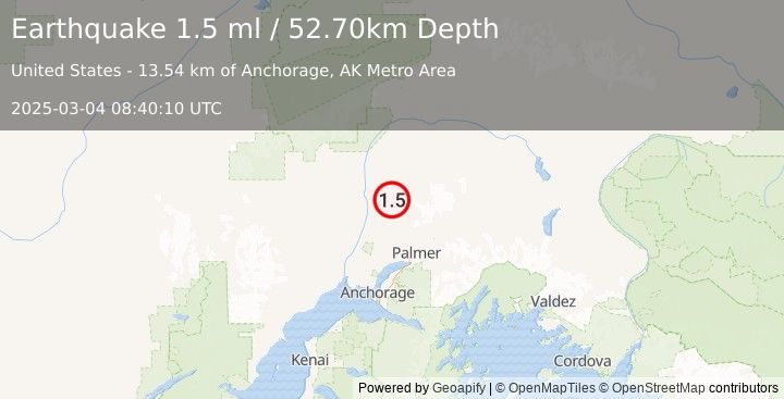 Earthquake 14 km ESE of Susitna North, Alaska (1.5 ml) (2025-03-04 08:40:10 UTC)