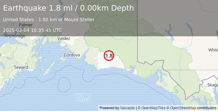 Earthquake 102 km S of McCarthy, Alaska (1.8 ml) (2025-03-04 10:35:45 UTC)