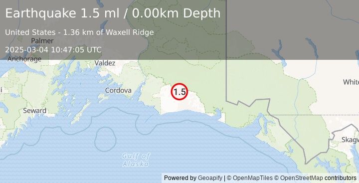 Earthquake 102 km S of McCarthy, Alaska (1.5 ml) (2025-03-04 10:47:05 UTC)