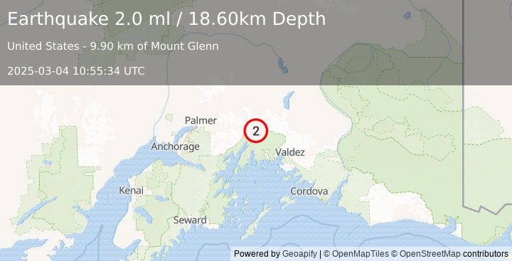 Earthquake 42 km SSE of Glacier View, Alaska (2.0 ml) (2025-03-04 10:55:34 UTC)