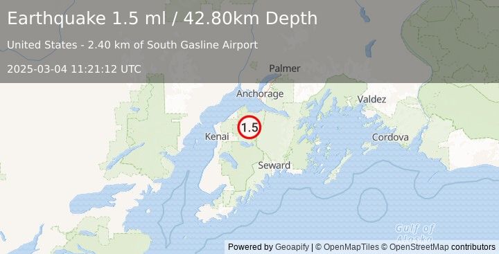 Earthquake 31 km NW of Cooper Landing, Alaska (1.5 ml) (2025-03-04 11:21:12 UTC)