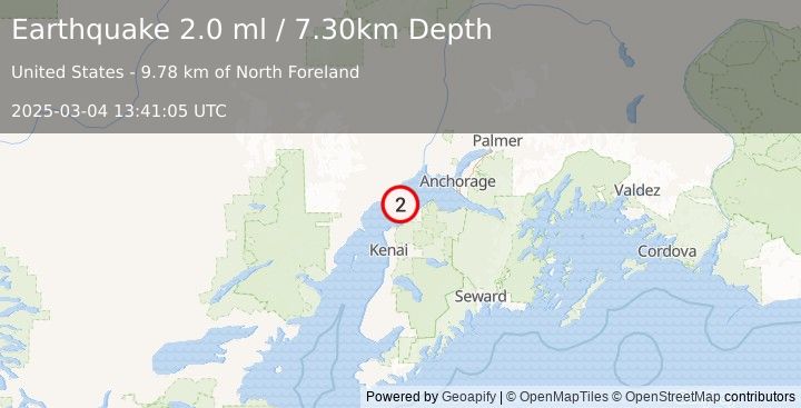 Earthquake 10 km SE of Tyonek, Alaska (2.0 ml) (2025-03-04 13:41:05 UTC)