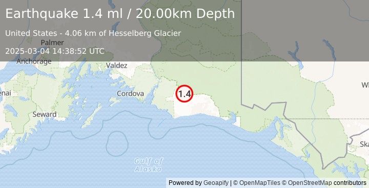 Earthquake 104 km SSW of McCarthy, Alaska (1.4 ml) (2025-03-04 14:38:52 UTC)