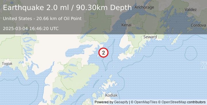 Earthquake 63 km WNW of Nanwalek, Alaska (2.0 ml) (2025-03-04 16:46:20 UTC)