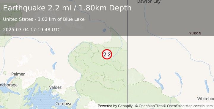 Earthquake 27 km ESE of Nabesna, Alaska (2.2 ml) (2025-03-04 17:19:48 UTC)