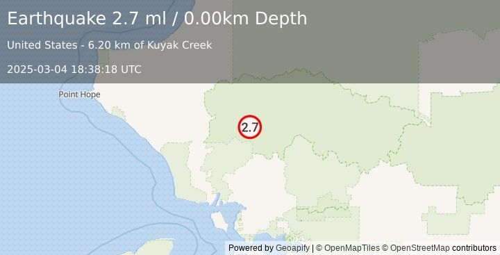 Earthquake 65 km E of Red Dog Mine, Alaska (2.7 ml) (2025-03-04 18:38:18 UTC)