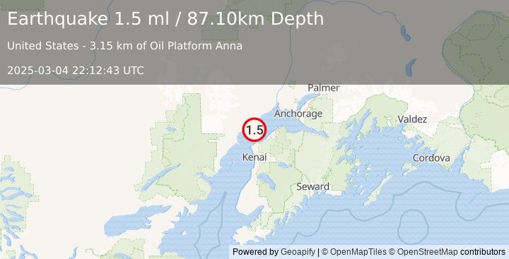 Earthquake 12 km SSW of Tyonek, Alaska (1.5 ml) (2025-03-04 22:12:43 UTC)