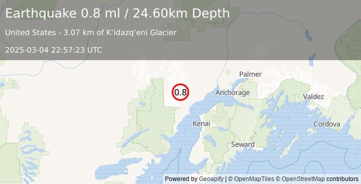 Earthquake 58 km WNW of Tyonek, Alaska (0.8 ml) (2025-03-04 22:57:23 UTC)