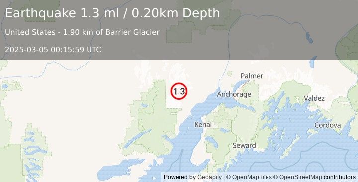 Earthquake 68 km WNW of Tyonek, Alaska (1.3 ml) (2025-03-05 00:15:59 UTC)