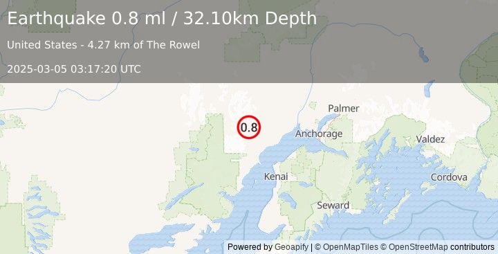 Earthquake 58 km WNW of Beluga, Alaska (0.8 ml) (2025-03-05 03:17:20 UTC)