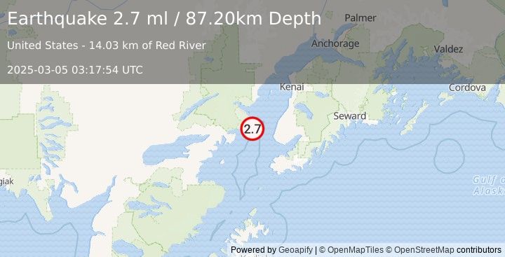 Earthquake 39 km WNW of Anchor Point, Alaska (2.7 ml) (2025-03-05 03:17:54 UTC)