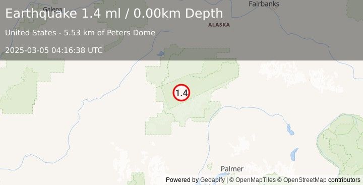 Earthquake 49 km SSE of Denali National Park, Alaska (1.4 ml) (2025-03-05 04:16:38 UTC)