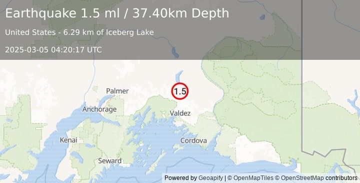 Earthquake 50 km SSE of Nelchina, Alaska (1.5 ml) (2025-03-05 04:20:17 UTC)