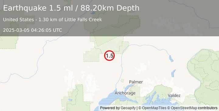 Earthquake 13 km W of Petersville, Alaska (1.5 ml) (2025-03-05 04:26:05 UTC)