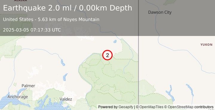 Earthquake 34 km NNW of Nabesna, Alaska (2.0 ml) (2025-03-05 07:17:33 UTC)