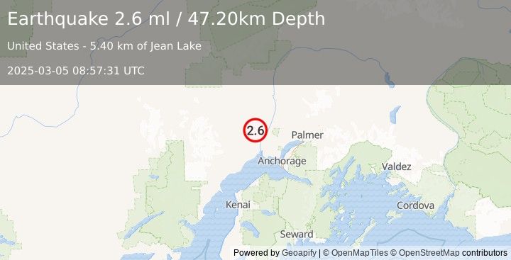 Earthquake 17 km NW of Susitna, Alaska (2.6 ml) (2025-03-05 08:57:31 UTC)