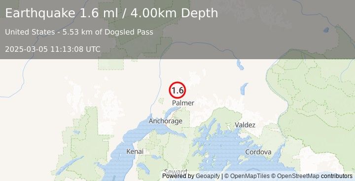 Earthquake 14 km NNW of Fishhook, Alaska (1.6 ml) (2025-03-05 11:13:08 UTC)