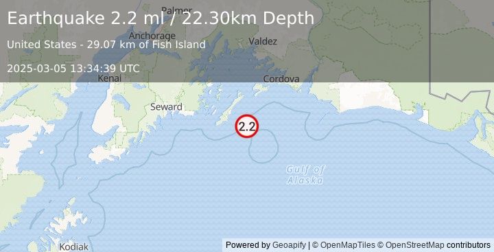 Earthquake 71 km ESE of Chenega, Alaska (2.2 ml) (2025-03-05 13:34:39 UTC)