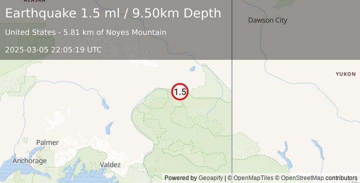 Earthquake 33 km NNW of Nabesna, Alaska (1.5 ml) (2025-03-05 22:05:19 UTC)