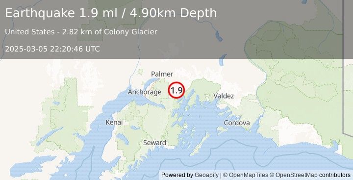 Earthquake 33 km SE of Knik River, Alaska (1.9 ml) (2025-03-05 22:20:46 UTC)