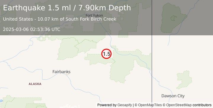 Earthquake 28 km SE of Central, Alaska (1.5 ml) (2025-03-06 02:53:36 UTC)