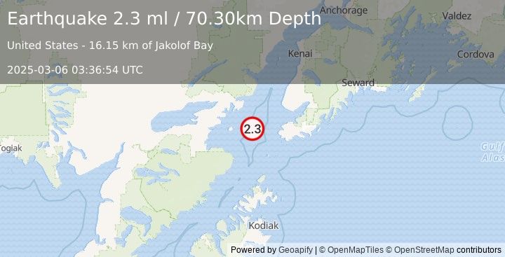 Earthquake 47 km W of Nanwalek, Alaska (2.3 ml) (2025-03-06 03:36:54 UTC)