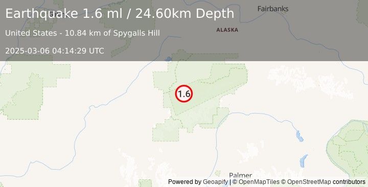 Earthquake 35 km SSE of Denali National Park, Alaska (1.6 ml) (2025-03-06 04:14:29 UTC)