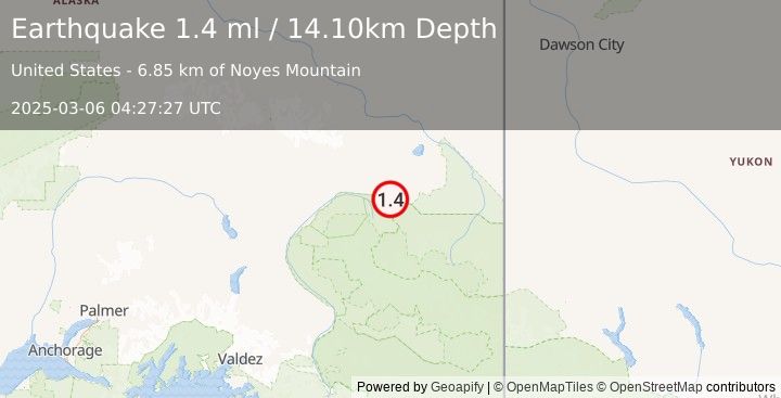 Earthquake 34 km E of Slana, Alaska (1.4 ml) (2025-03-06 04:27:27 UTC)