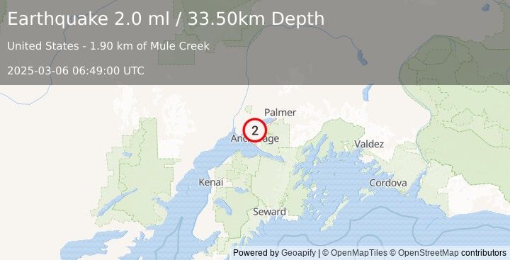 Earthquake 5 km ESE of Point MacKenzie, Alaska (2.0 ml) (2025-03-06 06:49:00 UTC)