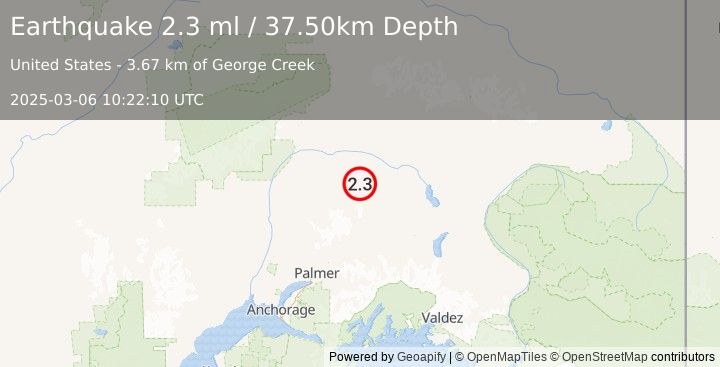 Earthquake 82 km NNE of Chickaloon, Alaska (2.3 ml) (2025-03-06 10:22:10 UTC)