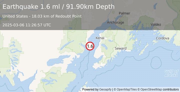 Earthquake 31 km WNW of Ninilchik, Alaska (1.6 ml) (2025-03-06 11:26:57 UTC)