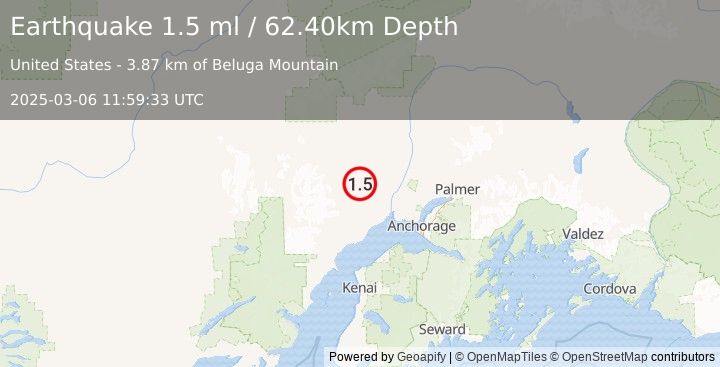 Earthquake 38 km SSE of Skwentna, Alaska (1.5 ml) (2025-03-06 11:59:33 UTC)