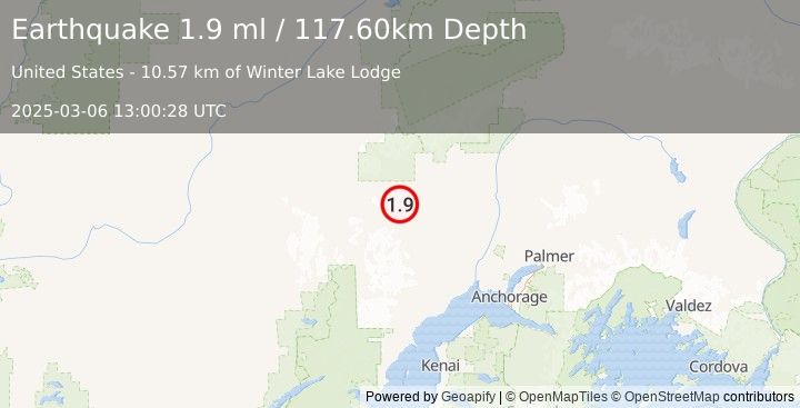 Earthquake 36 km WNW of Skwentna, Alaska (1.9 ml) (2025-03-06 13:00:28 UTC)