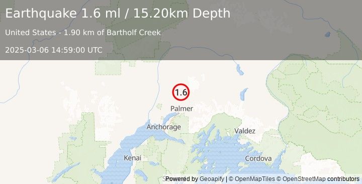 Earthquake 22 km NNE of Fishhook, Alaska (1.6 ml) (2025-03-06 14:59:00 UTC)